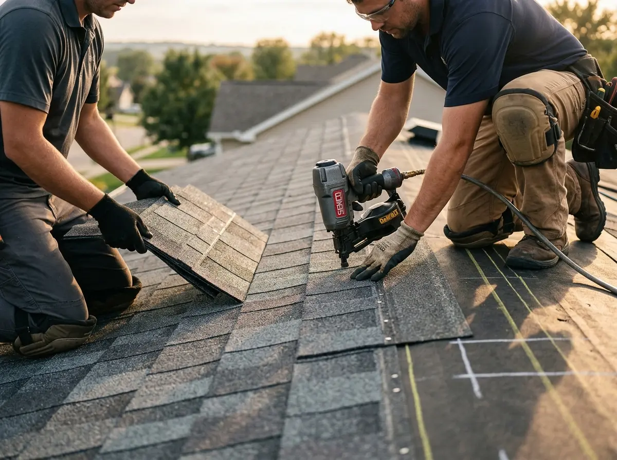 Professional roofer working on a residential roof in Bright